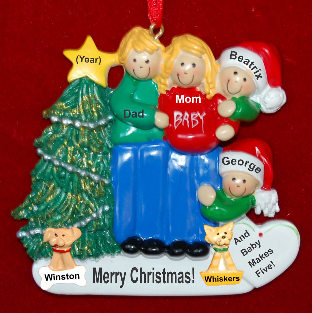 Excited & Expecting Couple 2 kids both Blond Christmas Ornament with Pets Personalized by RussellRhodes.com