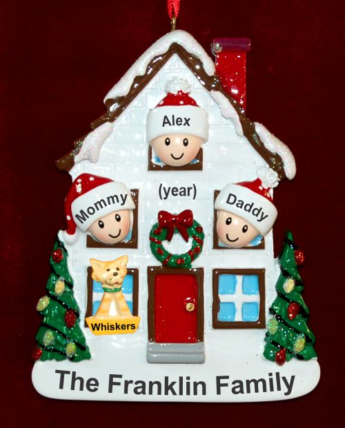 Holiday Celebrations House for 3 Christmas Ornament with Pets Personalized by Russell Rhodes