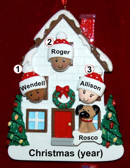 Mixed Race Biracial Family Christmas Ornament for 3 with Pets Personalized by RussellRhodes.com