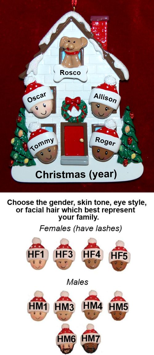 Holiday Celebrations Mixed Race Family of 4 Christmas Ornament with Family Pet Personalized by Russell Rhodes