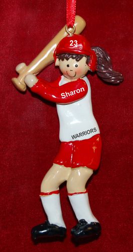 Girl's Softball Red Uniform Brunette Hair Christmas Ornament Personalized by Russell Rhodes