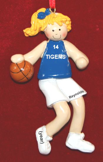 Basketball Female Blond Blue Uniform Christmas Ornament Personalized by RussellRhodes.com