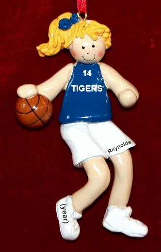 Basketball Christmas Ornament Blue Jersey Female Blond Personalized by RussellRhodes.com