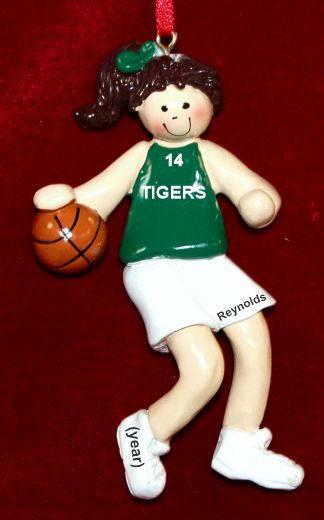 Basketball Christmas Ornament Green Jersey Female Brunette Personalized by RussellRhodes.com