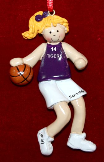Basketball Christmas Ornament Purple Jersey Female Blond Personalized by RussellRhodes.com