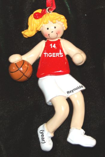 Basketball Female Blond Red Uniform Christmas Ornament Personalized by RussellRhodes.com