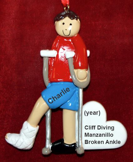 Broken or Sprained Ankle Christmas Ornament Brunette Male Personalized by RussellRhodes.com