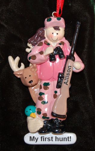 (Young Lady, Brunette) My First Deer Hunting Christmas Ornament Personalized by Russell Rhodes