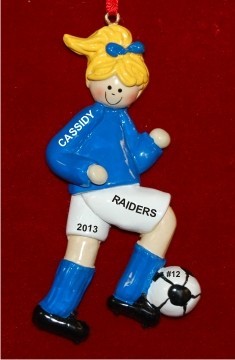 Soccer Blond Female Blue Uniform Christmas Ornament Personalized by Russell Rhodes