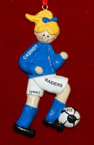 Soccer Blond Female Blue Uniform Christmas Ornament Personalized by RussellRhodes.com