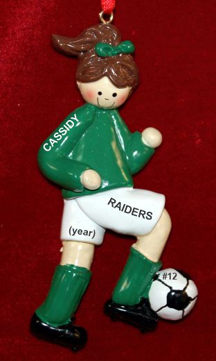 Soccer Christmas Ornament Brunette Female Green Uniform Personalized by RussellRhodes.com