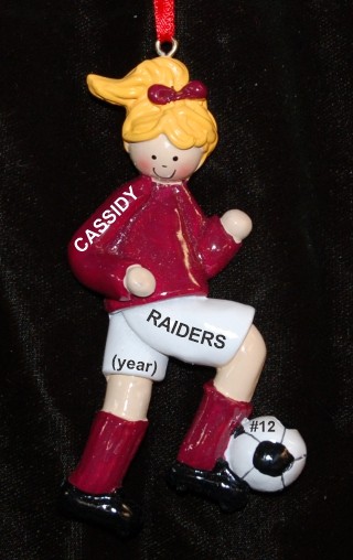 Soccer Blond Female Maroon Uniform Christmas Ornament Personalized by RussellRhodes.com