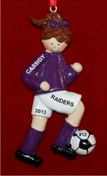 Soccer Brunette Female Purple Uniform Christmas Ornament Personalized by Russell Rhodes
