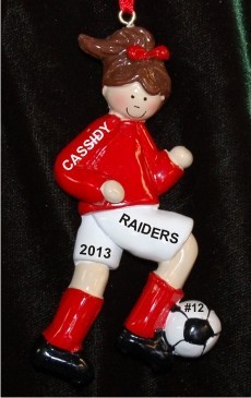 Soccer Brunette Female Red Uniform Christmas Ornament Personalized by Russell Rhodes