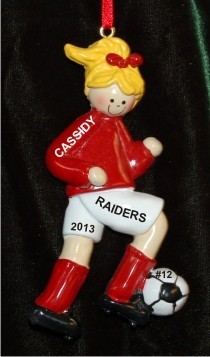 Soccer Blond Female Red Uniform Christmas Ornament Personalized by Russell Rhodes