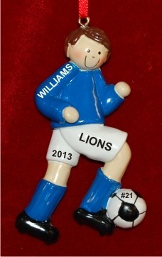 Soccer Brunette Male Blue Uniform Christmas Ornament Personalized by Russell Rhodes