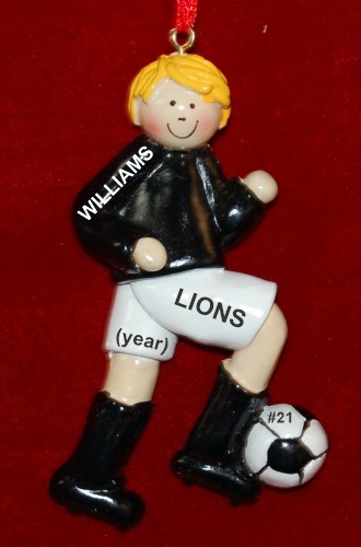 Soccer Blond Male Black Uniform Christmas Ornament Personalized by RussellRhodes.com