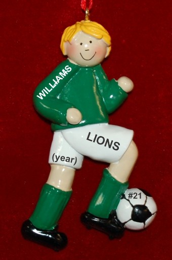 Soccer Blond Male Green Uniform Christmas Ornament Personalized by RussellRhodes.com