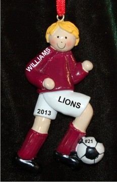 Soccer Blond Male Maroon Uniform Christmas Ornament Personalized by Russell Rhodes
