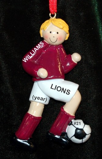 Soccer Christmas Ornament  Blond Male Maroon Uniform Personalized by RussellRhodes.com