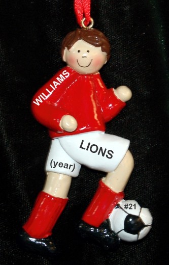 Soccer Christmas Ornament  Brunette Male Red Uniform Personalized by RussellRhodes.com