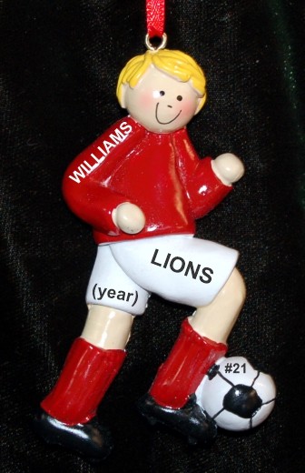 Soccer Christmas Ornament  Blond Male Red Uniform Personalized by RussellRhodes.com