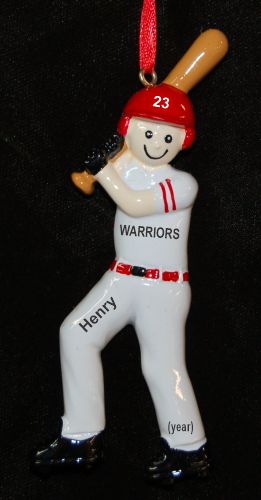 Baseball Boy Red Uniform Christmas Ornament Personalized by Russell Rhodes