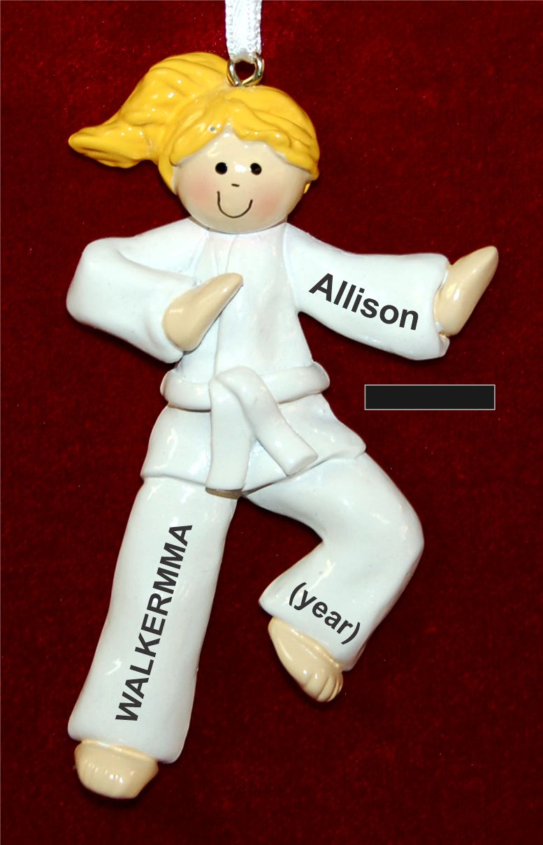 Blond Girl Karate or Martial Arts Black Belt Christmas Ornament Personalized by RussellRhodes.com