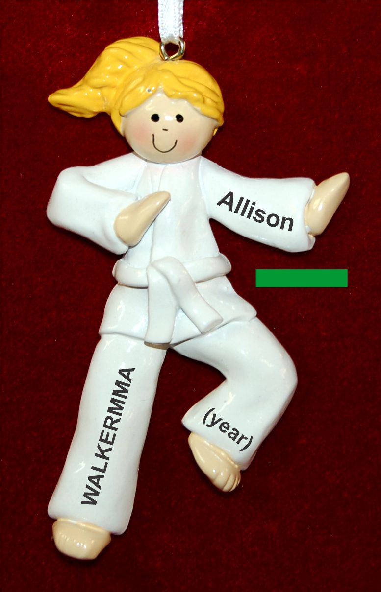 Blond Girl Karate or Martial Arts Green Belt Christmas Ornament Personalized by RussellRhodes.com