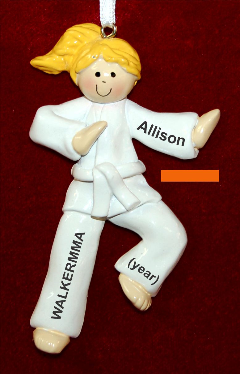 Blond Girl Karate or Martial Arts Orange Belt Christmas Ornament Personalized by Russell Rhodes