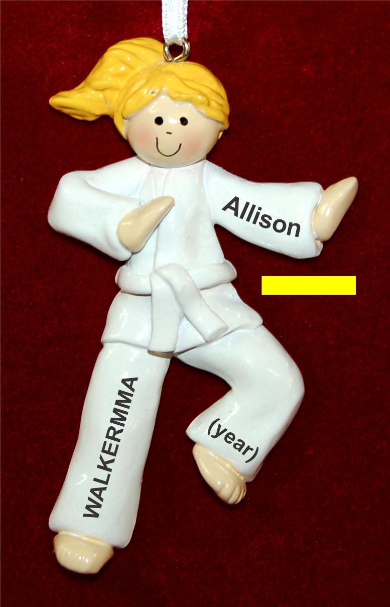 Blond Girl Karate or Martial Arts Yellow Belt Christmas Ornament Personalized by Russell Rhodes