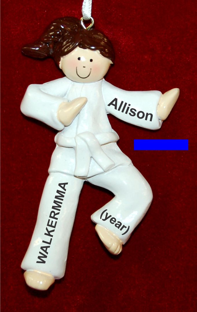 Brunette Girl Karate or Martial Arts Blue Belt Christmas Ornament Personalized by Russell Rhodes