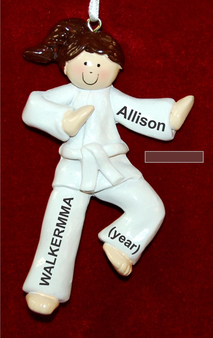 Brunette Girl Karate or Martial Arts Brown Belt Christmas Ornament Personalized by RussellRhodes.com