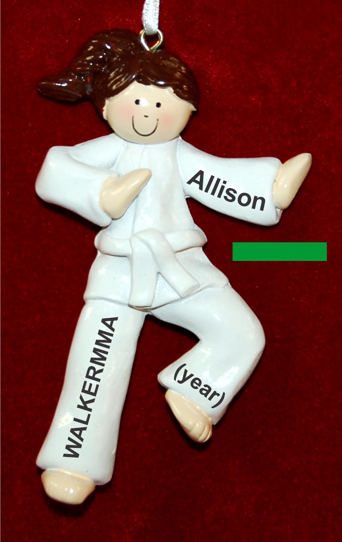 Brunette Girl Karate or Martial Arts Green Belt Christmas Ornament Personalized by Russell Rhodes