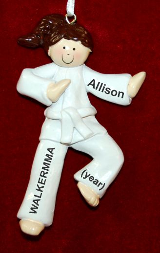 Martial Arts Karate Christmas Ornament Brunette Female White Belt Personalized by RussellRhodes.com