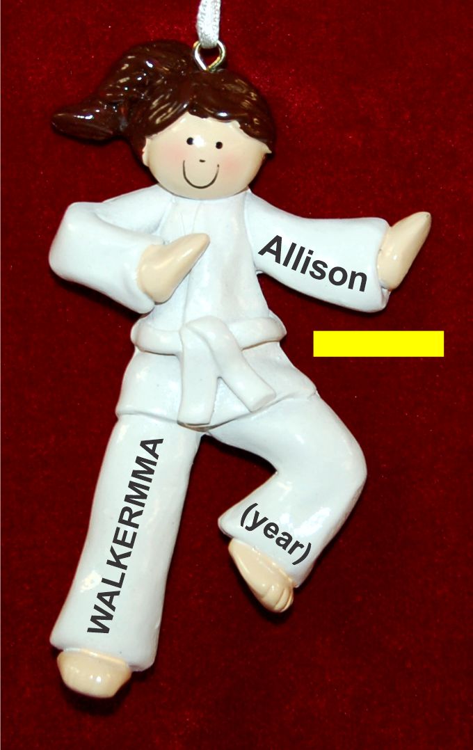 Brunette Girl Karate or Martial Arts Yellow Belt Christmas Ornament Personalized by Russell Rhodes