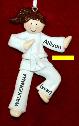 Martial Arts Karate Christmas Ornament Brunette Female Yelow Belt Personalized by RussellRhodes.com