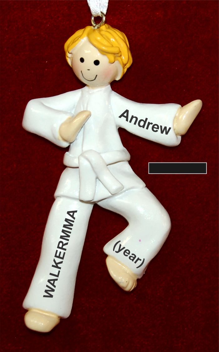 Blond Boy Karate or Martial Arts Black Belt Christmas Ornament Personalized by RussellRhodes.com