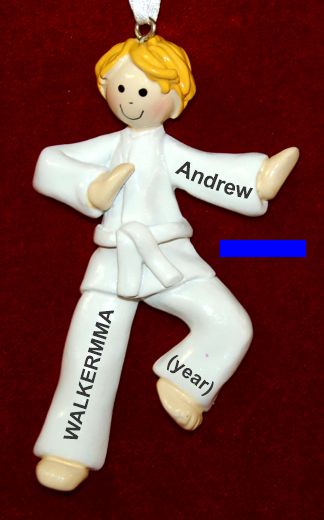 Martial Arts Karate Christmas Ornament Blond Male Blue Belt Personalized by RussellRhodes.com