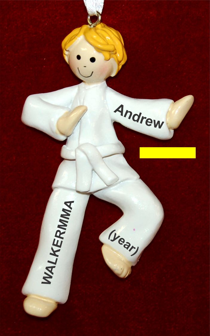 Blond Boy Karate or Martial Arts Yellow Belt Christmas Ornament Personalized by RussellRhodes.com