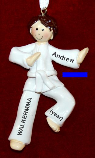 Martial Arts Karate Christmas Ornament Brunette Male Blue Belt Personalized by RussellRhodes.com