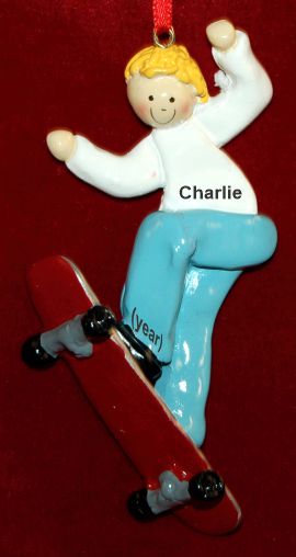 Blonde Boy Skateboarding Christmas Ornament by Russell Rhodes