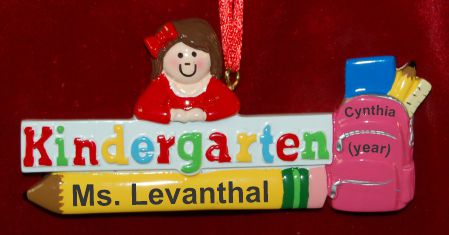 Personalized Kindergarten Christmas Ornament Ready to Learn Female Brown Hair Personalized by Russell Rhodes