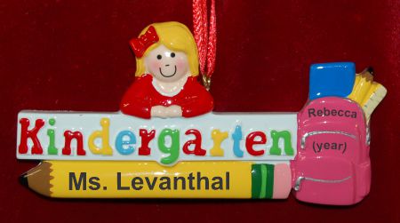 Personalized Kindergarten Christmas Ornament Ready to Learn Female Blond Hair Personalized by Russell Rhodes