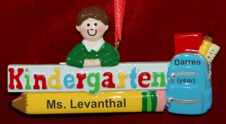 Personalized Kindergarten Christmas Ornament Ready to Learn Male Brown Hair Personalized by Russell Rhodes