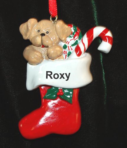 Tan Puppy in Holiday Stocking Christmas Ornament Personalized by Russell Rhodes