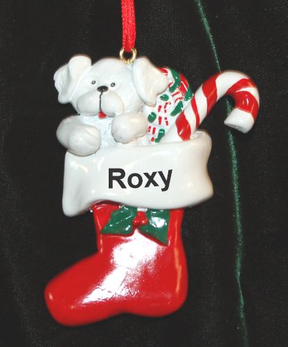 White Puppy in Holiday Stocking Christmas Ornament Personalized by Russell Rhodes