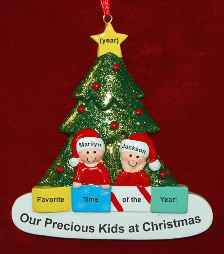 Family Christmas Ornament in Front of Tree Just the 2 Kids Personalized by RussellRhodes.com