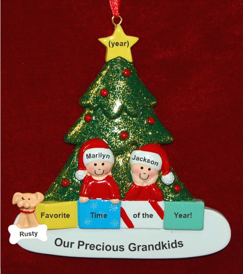 Ornament for Grandparents  2 Grandchildren in Front of Tree with Pets Personalized by RussellRhodes.com