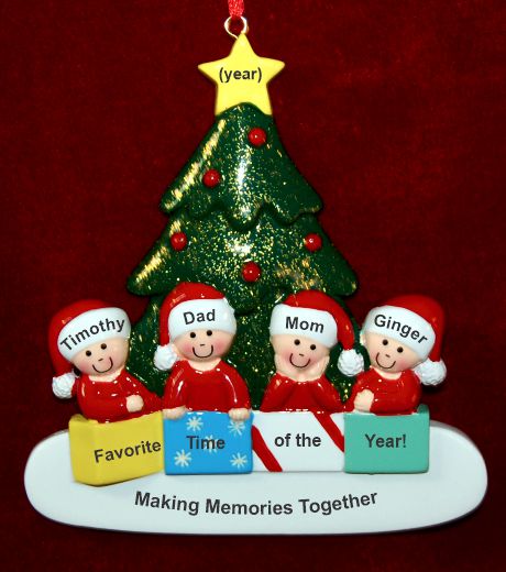 Family Christmas Ornament in Front of Tree for 4 Personalized by RussellRhodes.com
